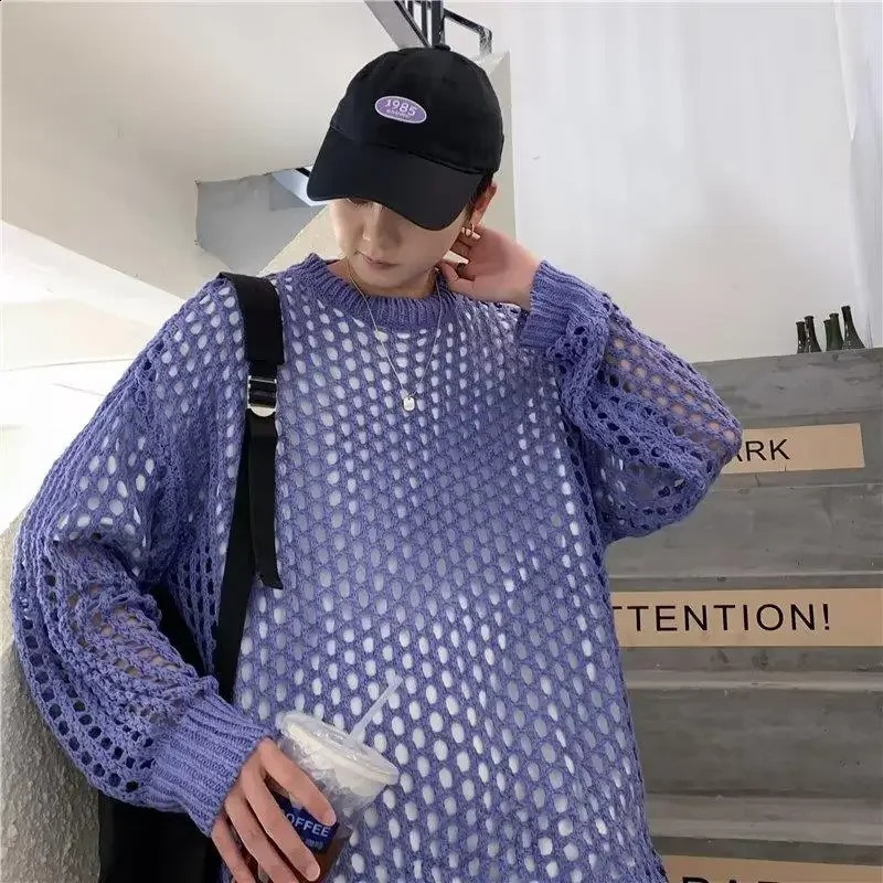 Hollow fishing net top thick thread knitted sweater suitable for mens womens fashionable Korean style toplevel casual jacket 240812