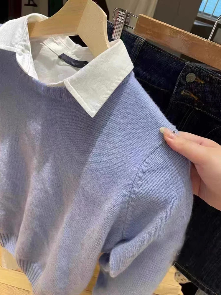 Sweet Blue Slim Knitted Sweater Women Cute Preppy Style Round Neck Autumn Cotton Jumper Vintage Simple Solid Sweaters Tops Y2k 240812