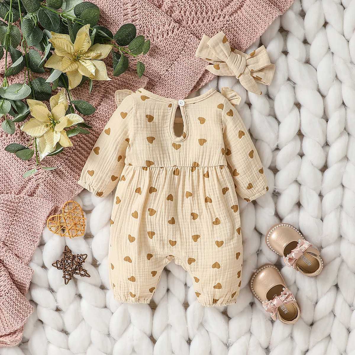 Baby Girls Summer Long Sleeve Printed Love with Bowknot for Casual Daily Cotton Jumpsuit W240812