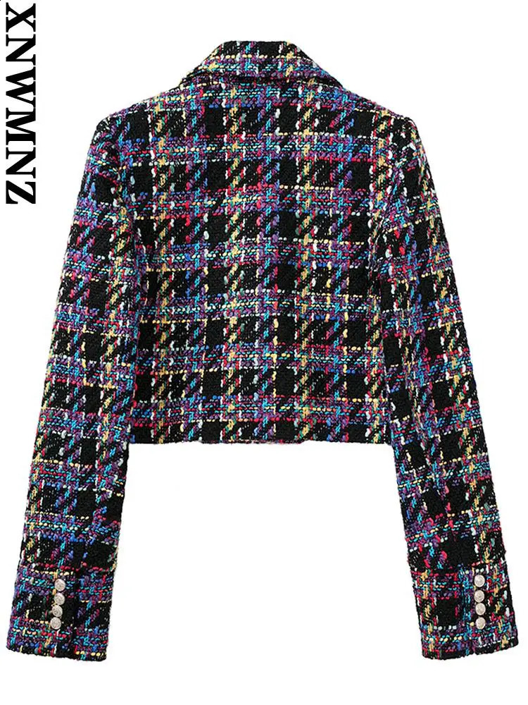 XNWMNZ womens jacket fashion double-breasted tweed cropped blazer vintage long sleeve female outerwear chic veste femme 240812