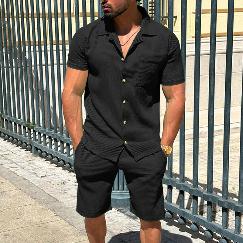 Mens Lapel Casual Cardigan Shorts 2 Pieses Sets Summer Fashion Solid Color Vertical Striped ShortSleeved 240812