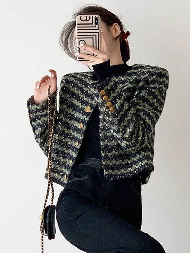 Zoki Retro Green Striped Tweed Jackets Women Elegant Slim Long Sleeve Short Coats High Quality Casual Korean Vintage O Neck Tops 240812