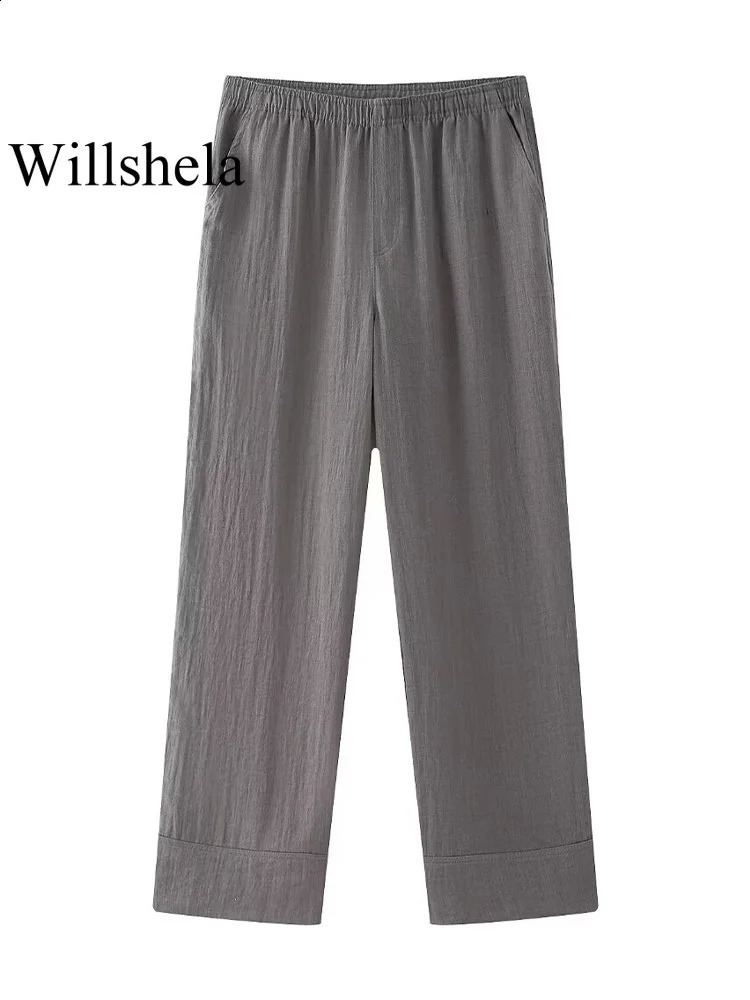Willshela Women Fashion Two Piece Set Grey Lace Up Loose Coats Vintage High Elastic Waist Trousers Feamle Chic Lady Pants Sets 240813