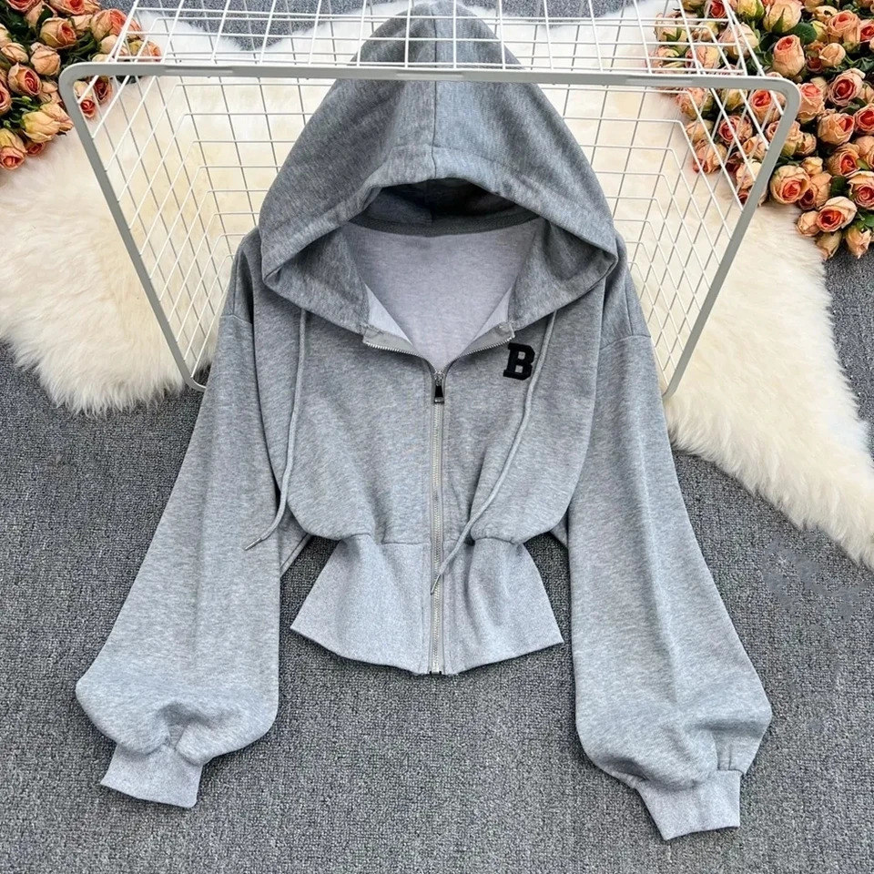 High Waist Short Street Style Womens Spring Autumn Hoodie Fashion Slim Solid Color Zipper Jackets Female Sweatshirts Top 240812