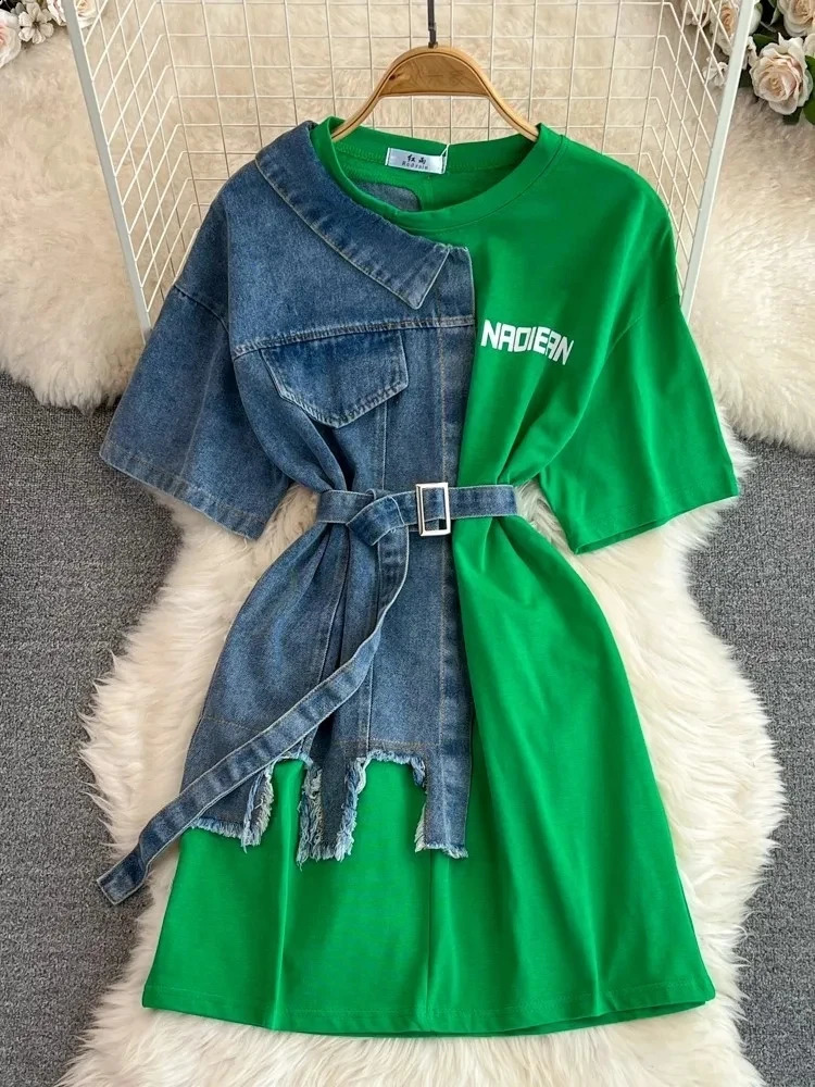 Women Elegant Patchwork Denim Shirts Summer Vintage Casual Slim Blouses Tops with Belted Female Fashion Pullover Clothes 240812