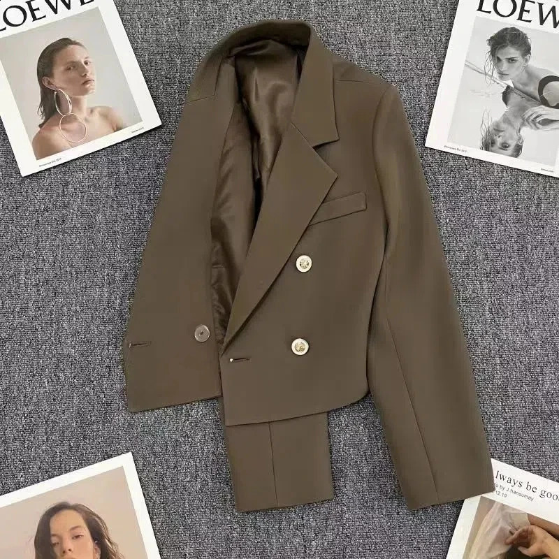 Autumn Fashion Blazers Women Temperament Solid Double Breasted Cropped Jacket Woman Basic All Match Suit Outwear Female 240813