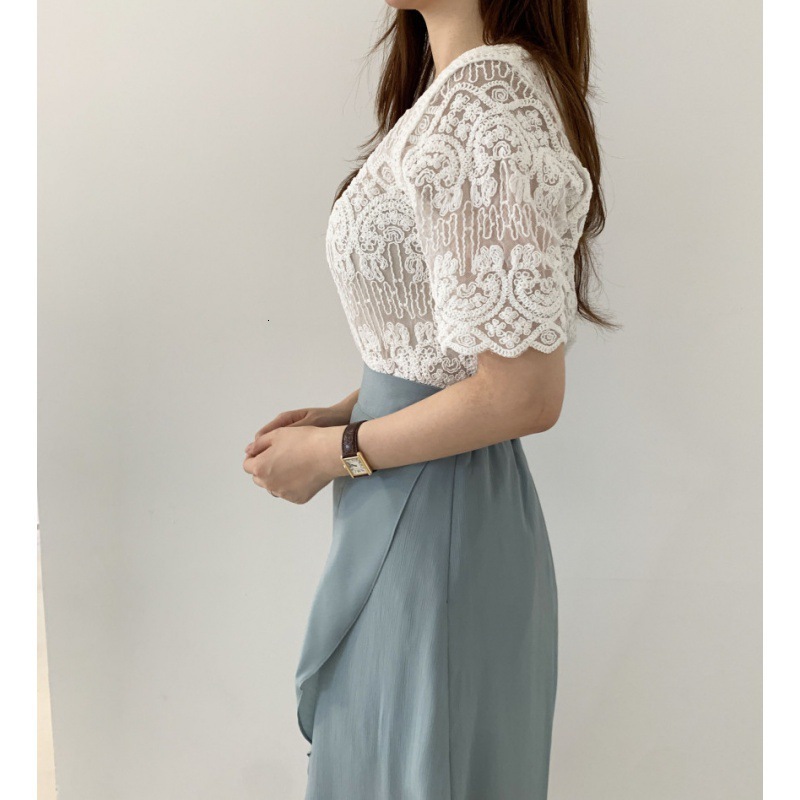 Korean embroiderycrochet flower bloom, lace top women s summer hollowed out small lapel short sleeved shirt trend