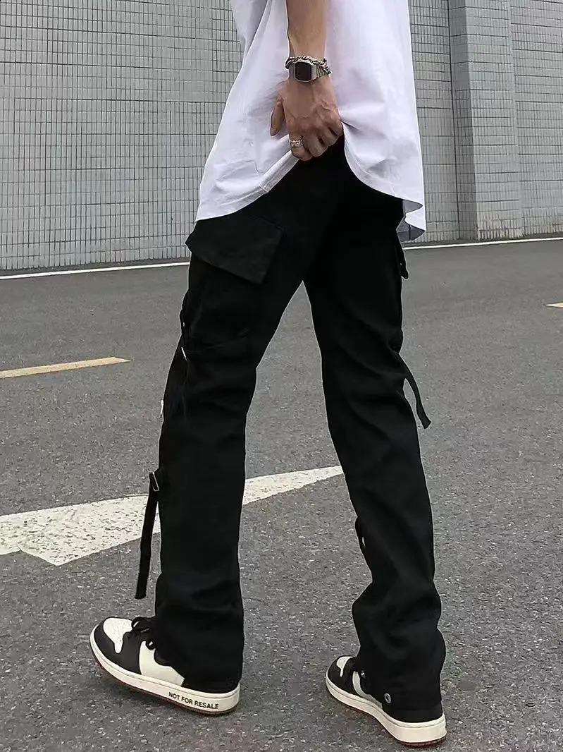 Techwear Mens Y2K Street Clothing Black Cotton Zipper Product Pants Multi Pocket Dance Casual Trousers Retro 240812