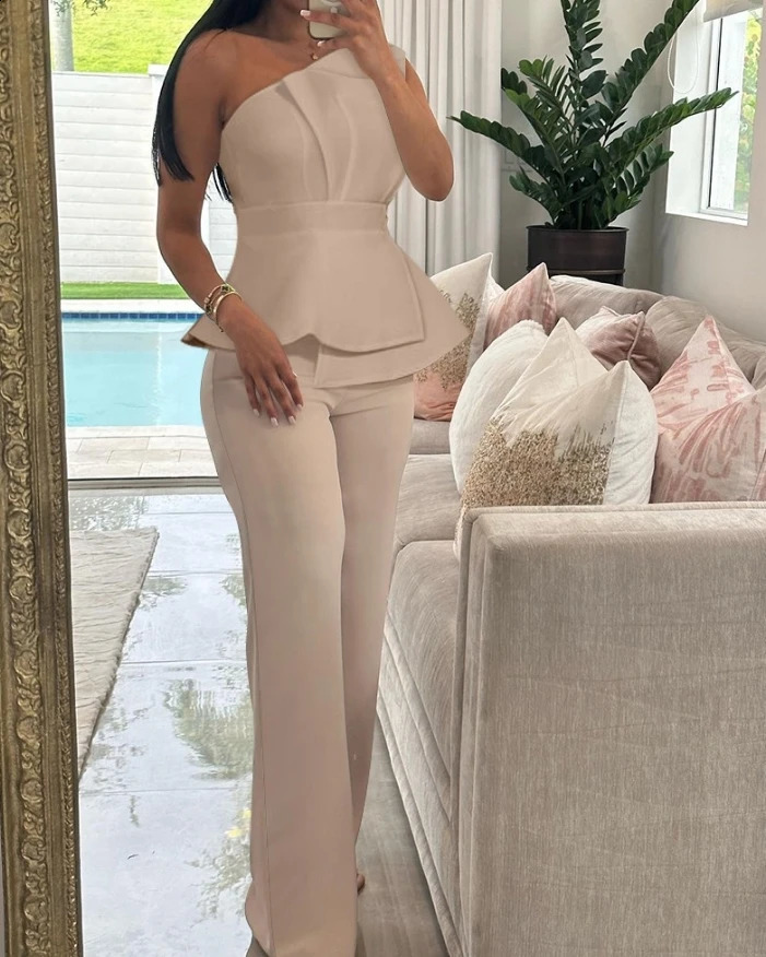2024 Womens Elegant Commuting Two-piece Set One Shoulder Sleeveless Layered Ruched Top and High Waist Straight Leg Pants Set 240813