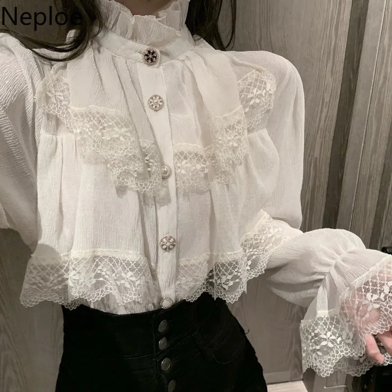 Fashion Korean White Blouse Women Blusas Stand Neck Chiffon Shirts Long Sleeve Ruffles Lace Blouses Vintage Elegant Femme Tops 240812