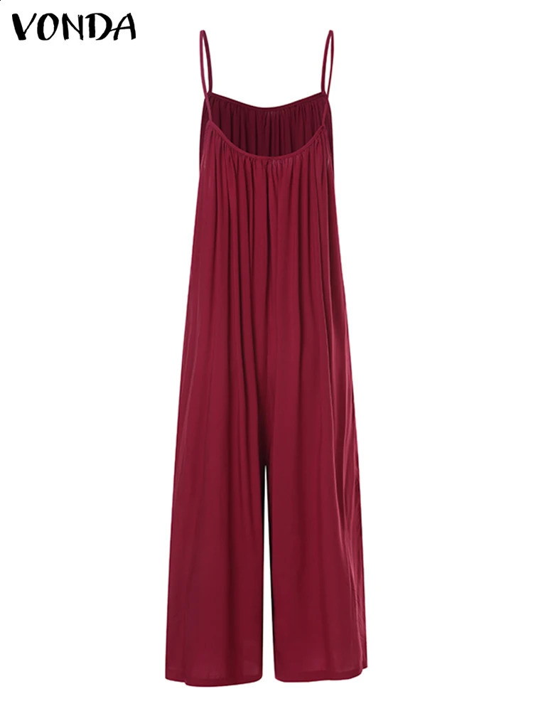VONDA 2024 Women Summer Sleeveless Jumpsuits Sexy Solid V Neck Long Overalls Loose Playsuits Wide Leg Pants Oversized 240813
