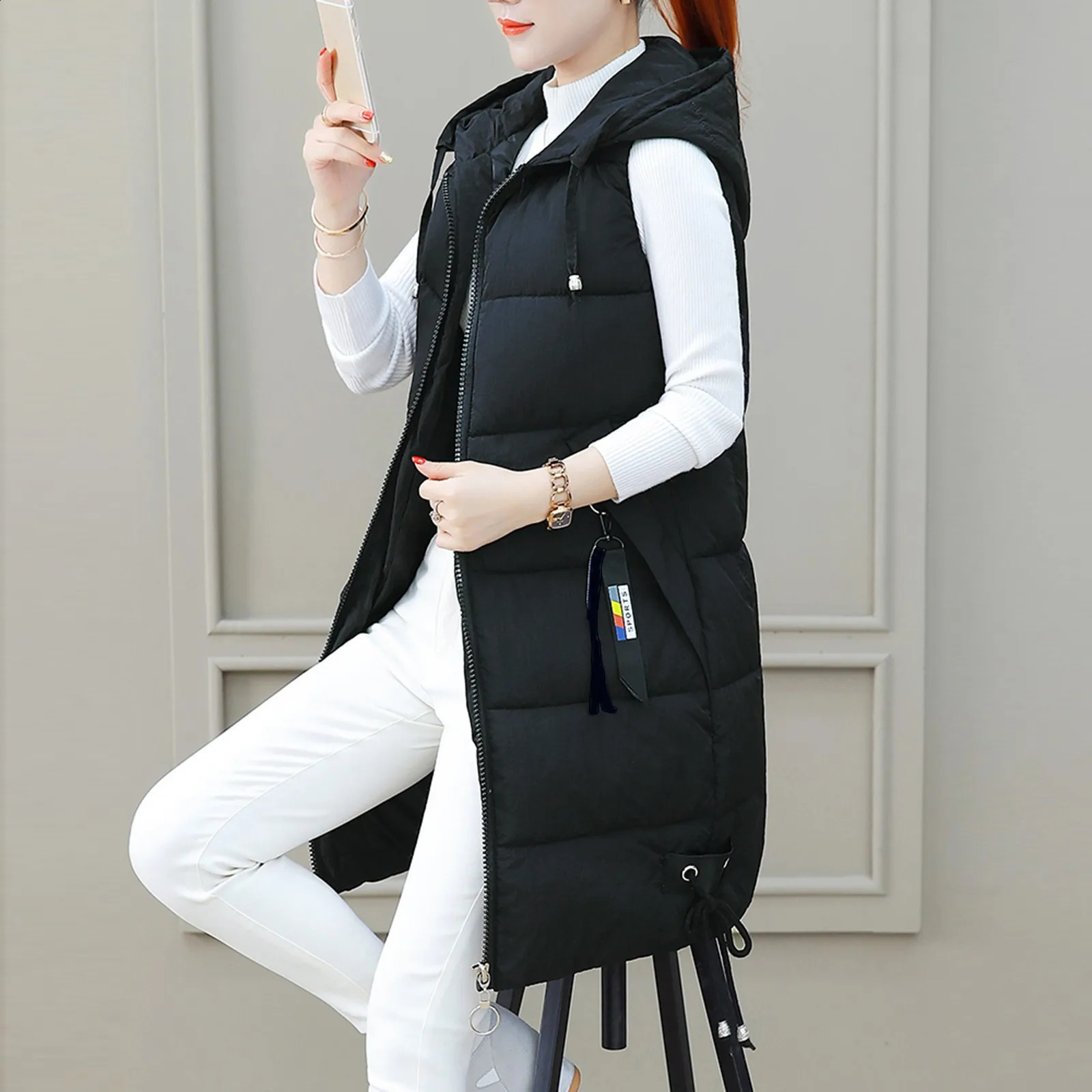 Women Solid Hooded Vest Zipper Pocket Loose Womens Vests Outerwear Sleeveless Jacket Long Coat Vests Woman Winter Coats 240813