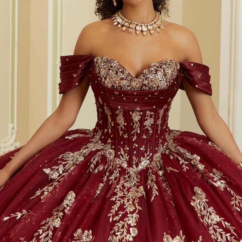 Burgundy Shiny Princess Quinceanera Dresses Off Shoulder Gold Applique Lace Beads Tull Floral Sweet 16 Dress vestidos de 15 quinceanera