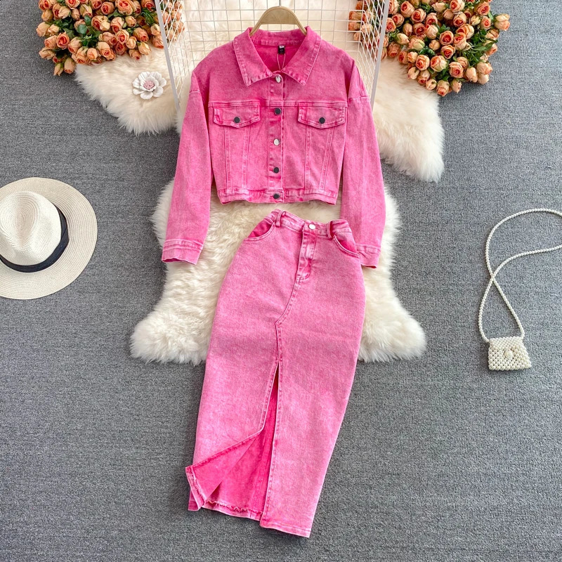 Pink Short Denim Jacket Womens Skirt Set Mid-length High Waisted Split Slinm Package Hip Skirts 2024 Spring Autumn 240812