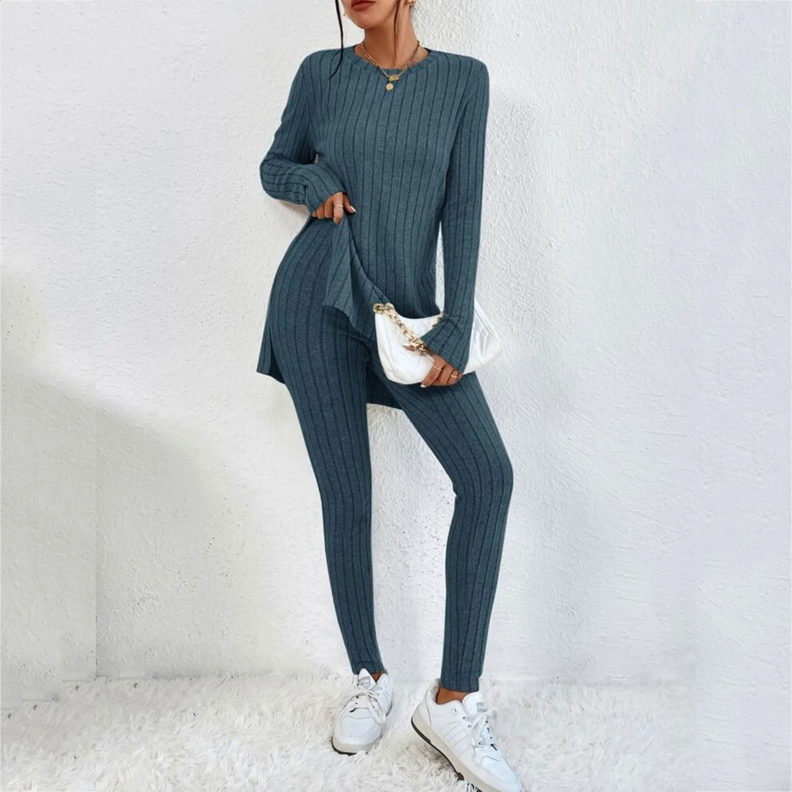 Casual Two Piece Set Women Outfits 2024 AutumnWinter Fashion Solid Knitted Long Sleeve Sweater Loose Pants Suit Elegant 240813