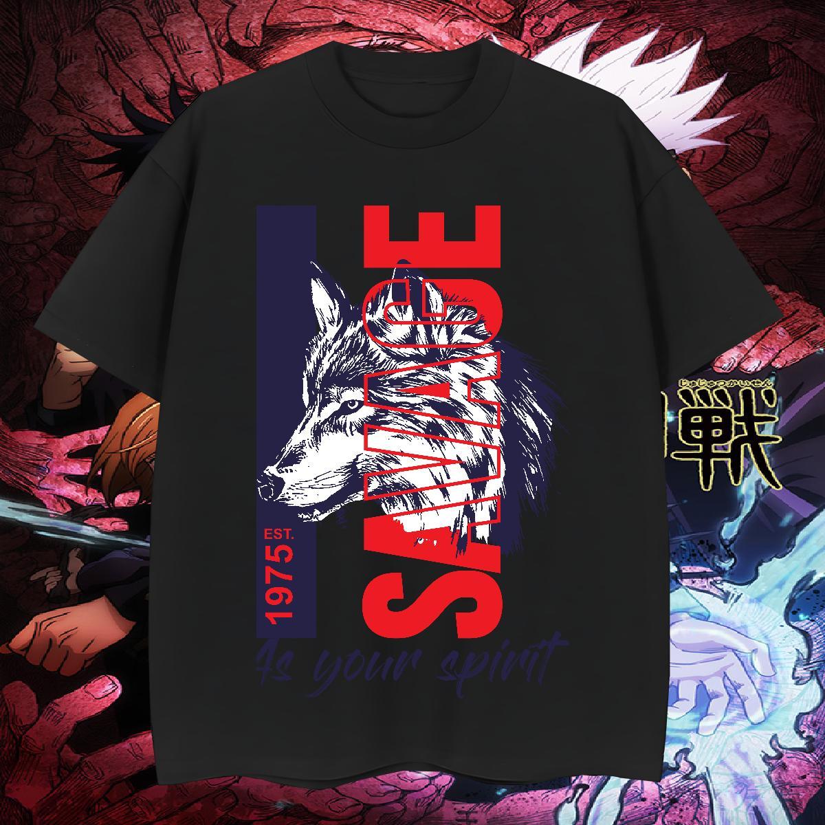 TOP Quality Men T Shirts wolf O Neck Short Sleeves Hip Hop Plus Size Cartoon 100% Cotton 230g Men Clothes T-Shirt Classic Casual Clothings