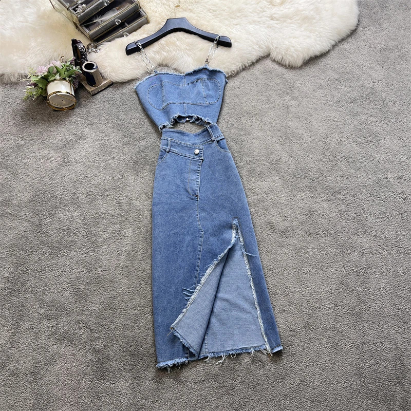 Amolapha Women Sleeveless Chain Suspender Strap Tops High Waist Split Half Skirt Denim Two Pieces Suits 240812