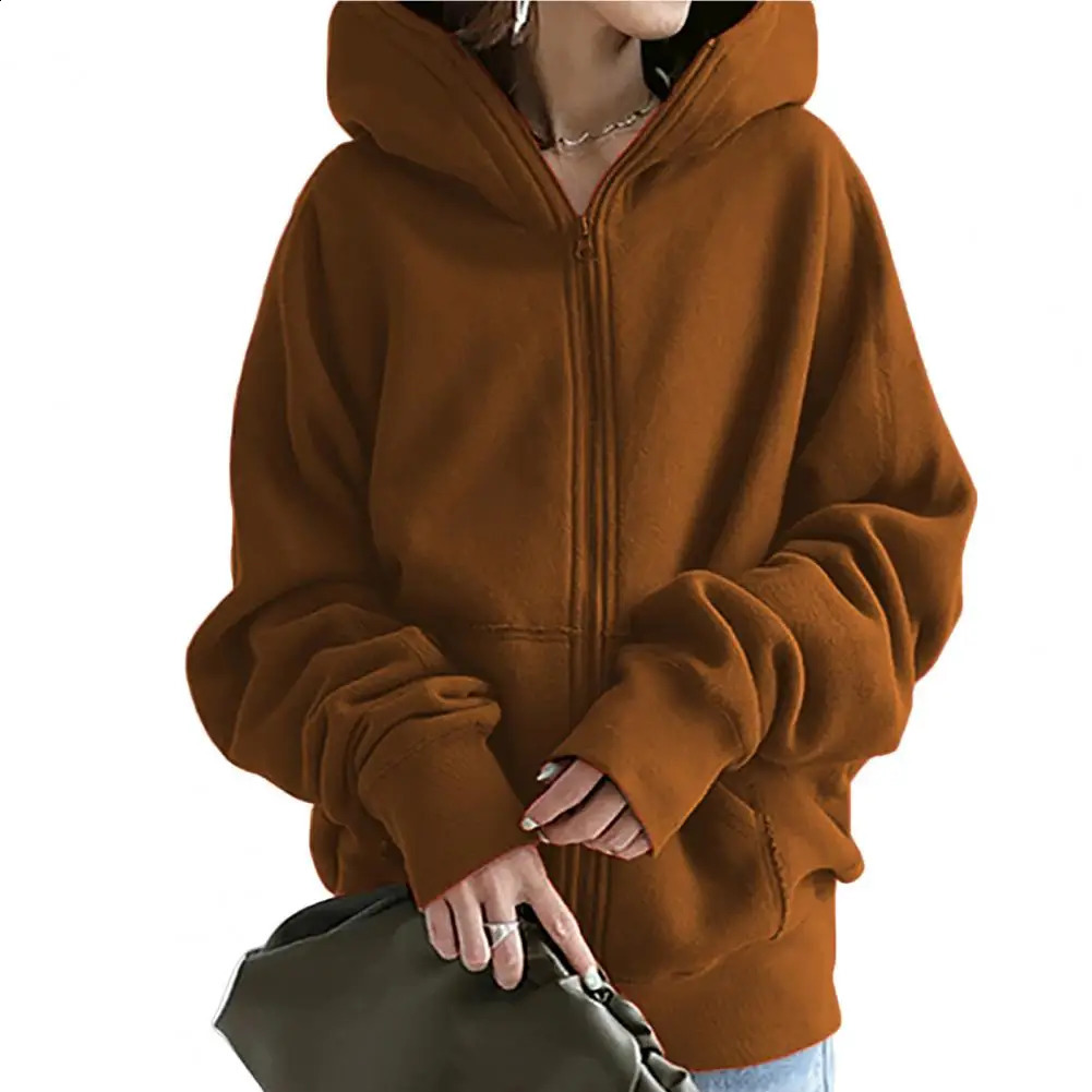 Long Sleeves Pockets Zipper Closure Oversized Mid-length Sweatshirt Jacket Autumn Solid Color Women Hoodie Coat Cardigan 240812