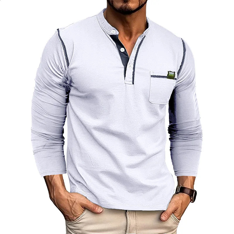 American Trend Fashion Spring Mens T-shirt O-neck Panelled Button Pocket Casual Versatile Patchwork Knitted Long Sleeve Top 240812