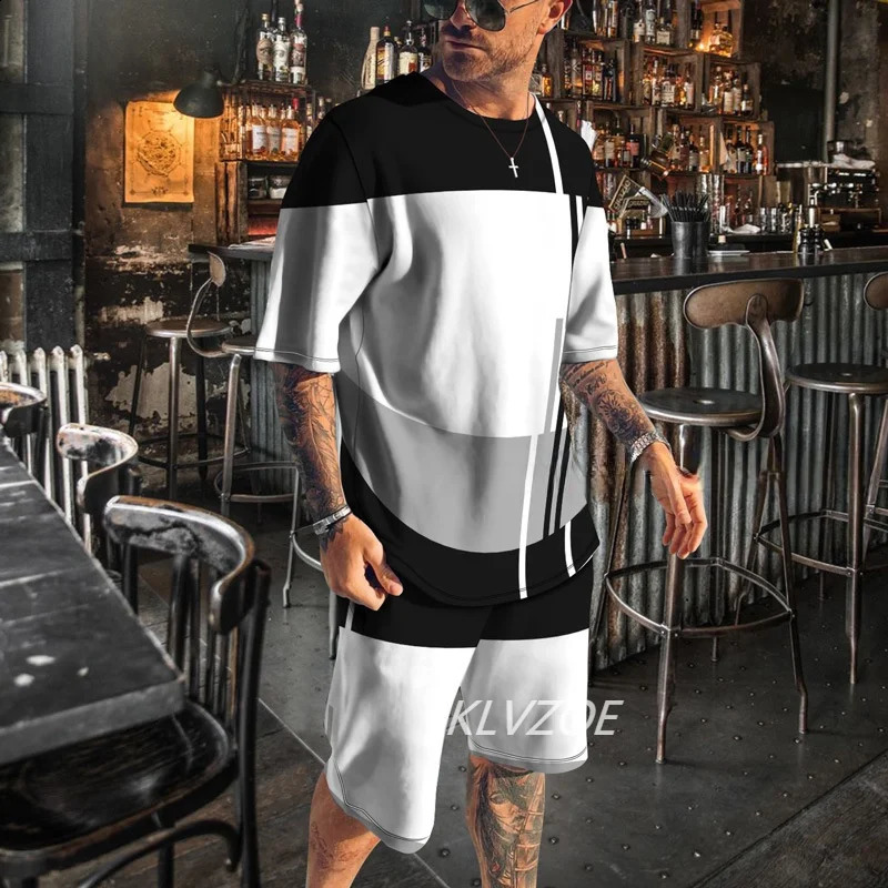 Summer mens 3D printed T-shirt set two-piece mens T-shirt short sleevedshorts casual sports set 240813