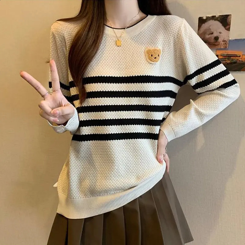 Preppy Style Autumn Womens Sweaters O-Neck Striped Cartoon Screw Thread Fashion Casual Loose Long Sleeve Pullovers Knitted Tops 240812