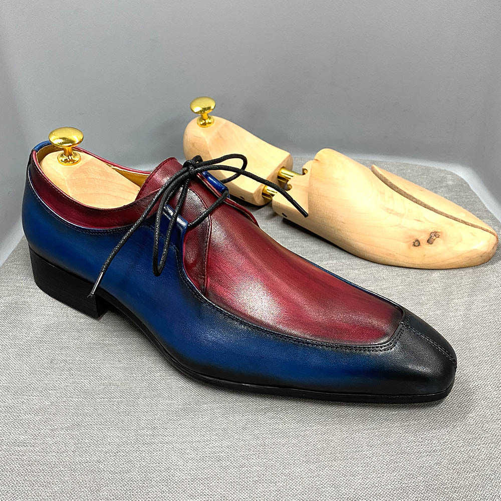 CMM Leather Shoes Mens Leather Shoes Business Casual Mens Shoes Derby Shoes Color Matching Low Top Lace Up Single Shoes