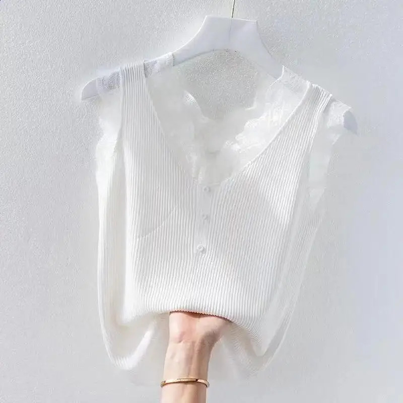 Ice Camisole Womens Summer Oversized Tank Top Fashionable Splicing Lace T-shirt Bottoming Knitwear Womens Top 240813