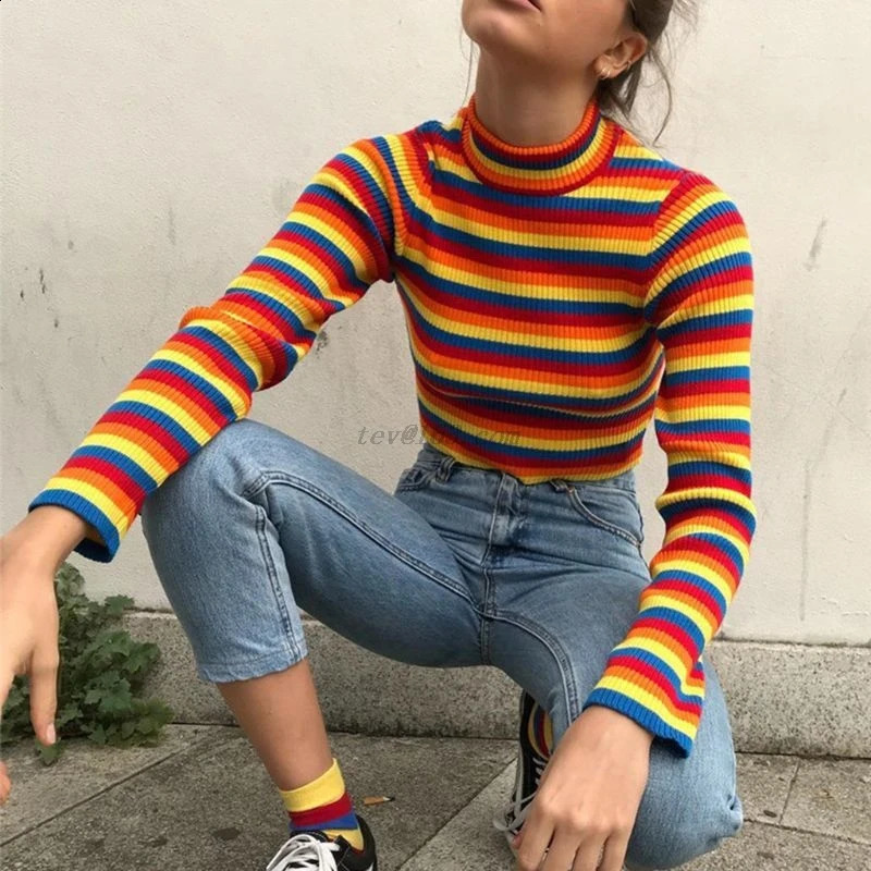 Womens Autumn Long Sleeve Turtleneck Sweater Colorful Rainbow Stripes Short Crop Tops Bodycon Ribbed Knitted Basic Pullover Jump 240813