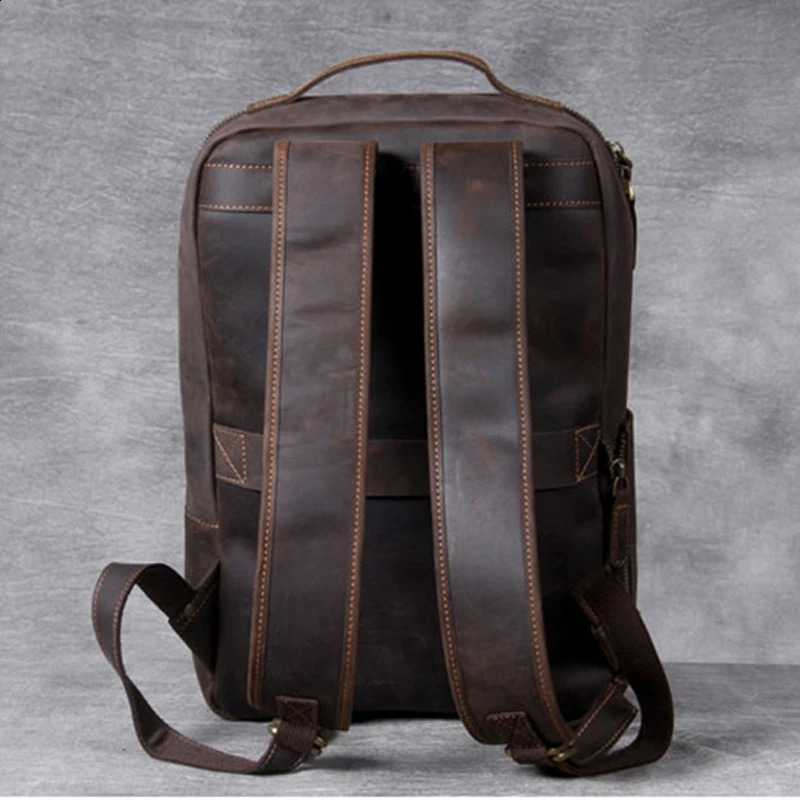 Vintage Crazy Horse genuine leather backpack for men laptop daily hiking Knapsack 240813