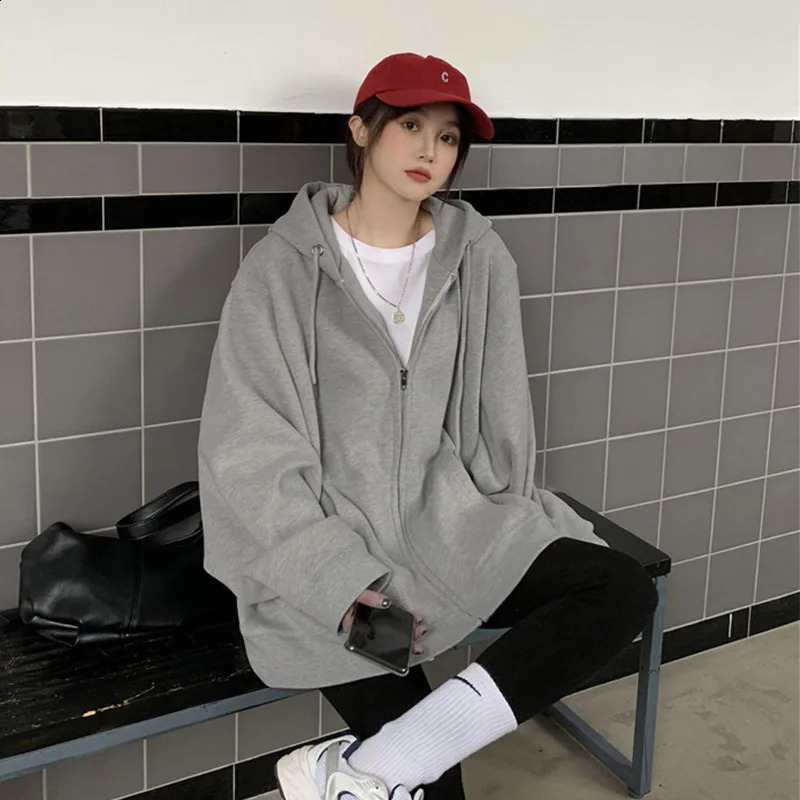 Women Hoodies Solid Color Zip Up Pocket Loose Harajuku Korean Sweatshirts Female Long Sleeve Hooded Streetwear Casual Tops 240812
