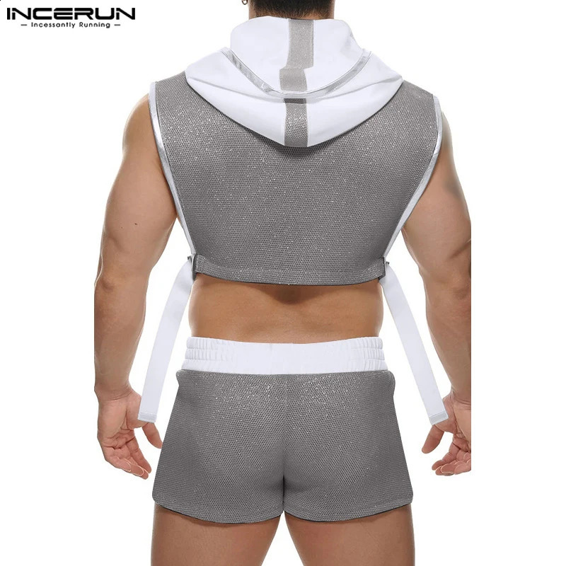 INCERUN 2024 Men Sets Patchwork Streetwear Shiny Hooded Sleeveless Crop Tops Shorts Two Pieces Sets Mens Casual Suits S-5XL 240813