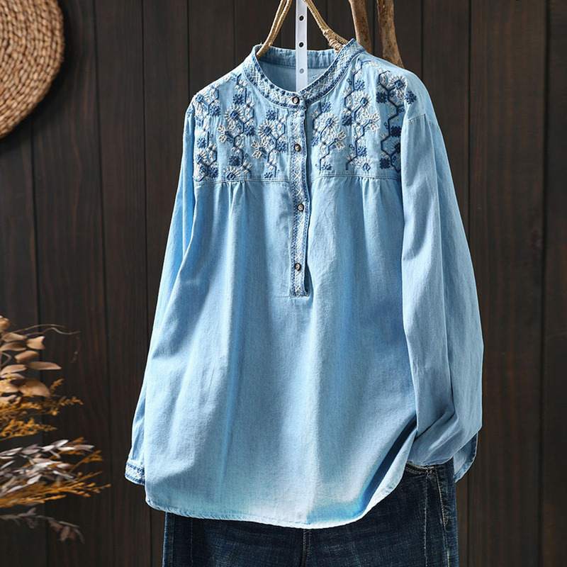 Elegant blouses for women 2024 summer ethnic long sleeve embroidery denim shirts and blouses jean shirts Y2K vintage top 240812