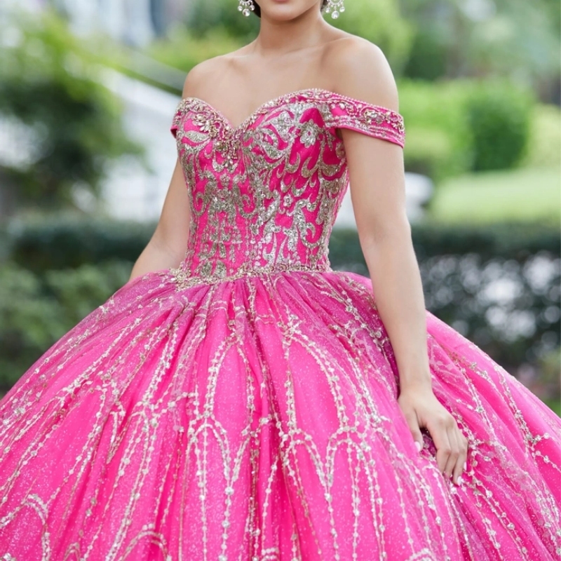 2025 Rose Red Sparkly Quinceanera Dresses Ball Gown Off The Shoulder Crystal Beads Tull Sweet 16 Dress Vestidos De 15 Girls