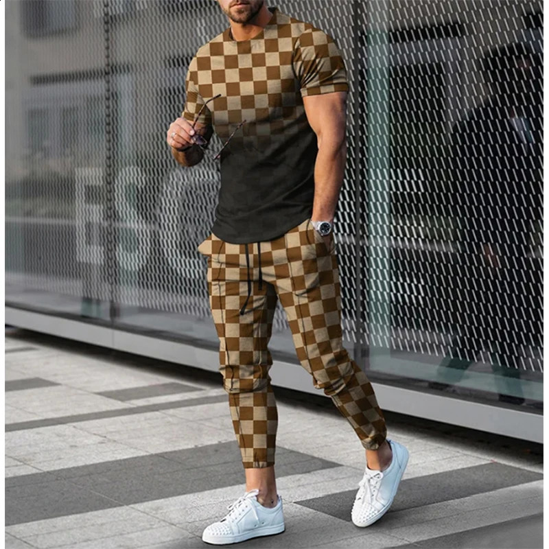 Men Fashion Short Sleeve T-shirt Trousers Sets Vintage 3D Print Oversize Tracksuit Two Piece Sportwear Suit Outfit Clothes 240813