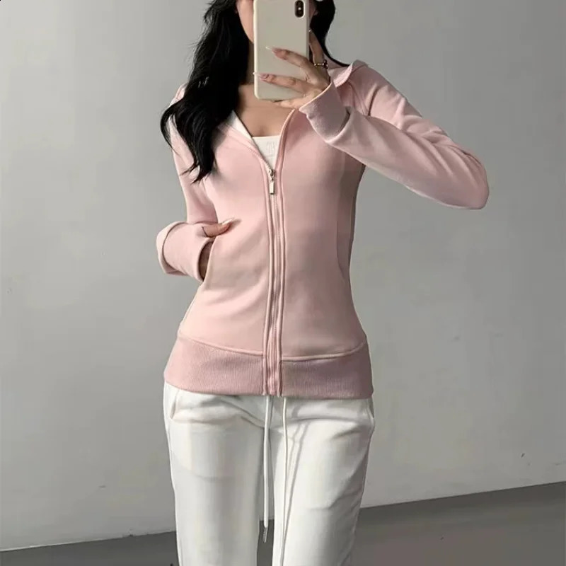 Casual Basic Zip Up Hooded Sweatshirt Y2k Jogger Mujer Solid Long Sleeve Hoodies Women Winter Fashion Slim Fleece Tops 240812