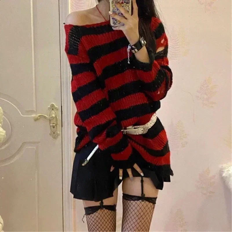 Autumn Winter Punk Gothic Long Unisex Sweater Women Striped Cool Hollow Out Hole Broken Jumper Loose Rock Thin Streetwear Top 240812