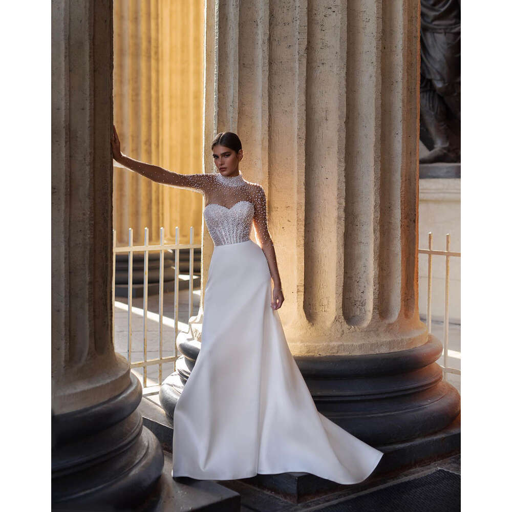 Popular A-e Gown Wedding Dresses Pearls Bow Sashes Satin Bridal Gowns High-Neck Big Vestidos De Novia Custom Size Colour