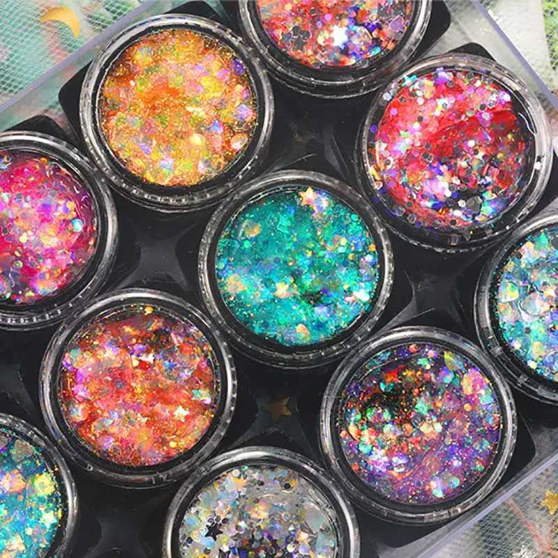 12 pieces/set Body/face/eye makeup glitter gel eye shadow cream star/moon/hexagonal nail sequins gel Halloween party makeup 6 pieces W240812