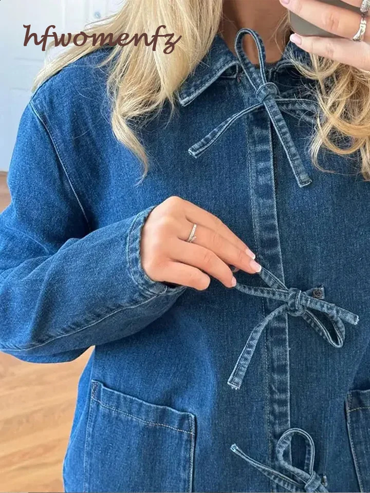 Lace Up Bow Denim Shirt Women Causal Long Sleeve Pocket Turn-down Collar Loose Blouses Top 2024 Spring Solid Office Lady Clothes 240812