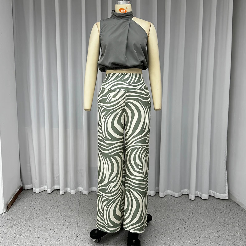 Wefads Women Two Piece Set Summer Casual Solid Halter Neck Sleeveless Irregular Top Printed Loose With Pockets Panst Sets 240813