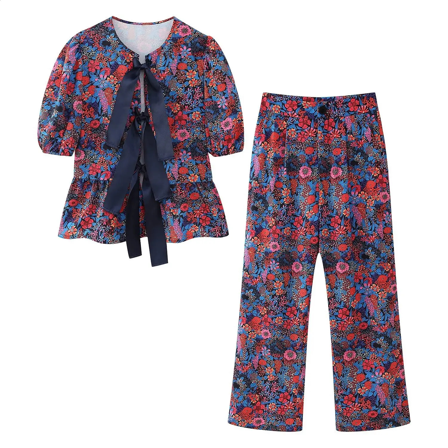 TELLHONEY Women Fashion O-Neck Bow Decoration Tops With Button Pants Femal Casual Print Two Piece Set 240813