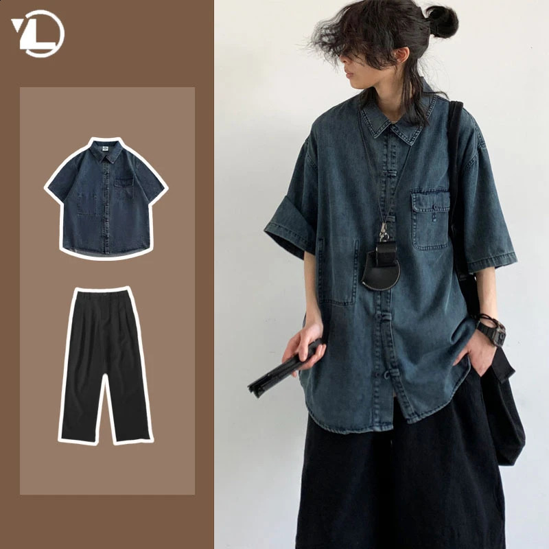 College Casual Summer Mens Set Trendy Short Sleeved Denim ShirtStraight Leg Trousers 2-pcs Set Y2K Street Fashion Suit Unisex 240813