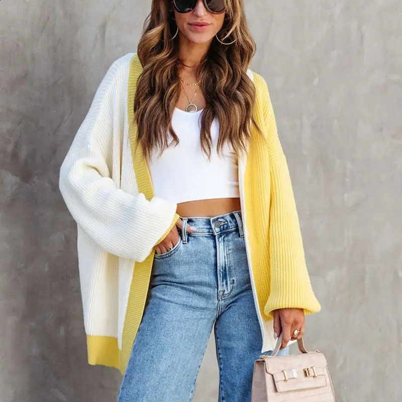 AutumnWinter Womens Sweater Open Knitted Color Blocked Loose Shawl Medium Length Jacket Casual 240812