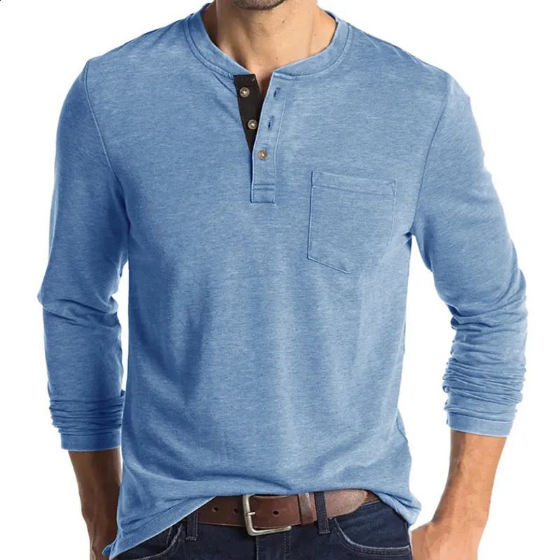 Beauty Vintage Casual Round Neck T-shirt Mens Solid Button Patchwork Pocket Trendy Versatile Cotton Breathable Long Sleeve Top 240812