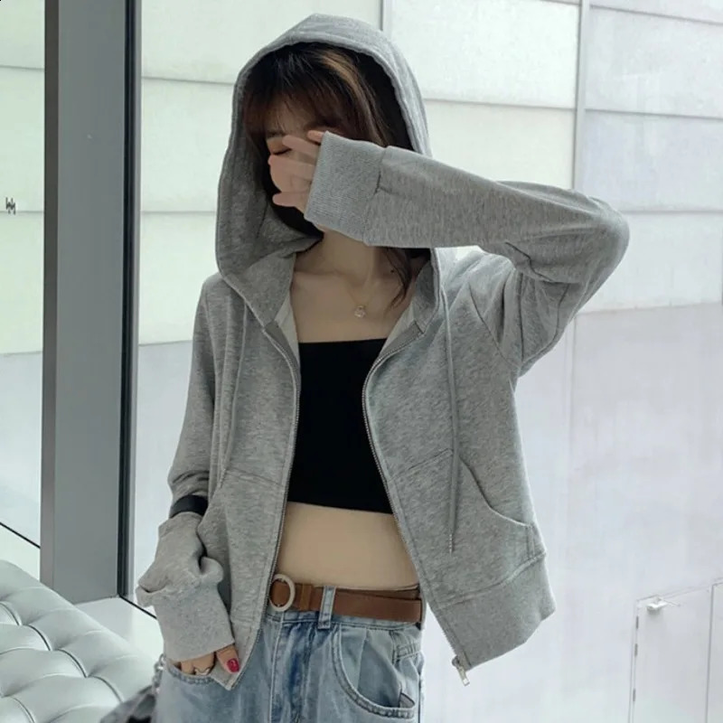 Fall/Spring Womens Loose Hooded Zipper Sweatshirt Long Sleeve Thin Cardigan Solid Casual Versatile Jacket 240812