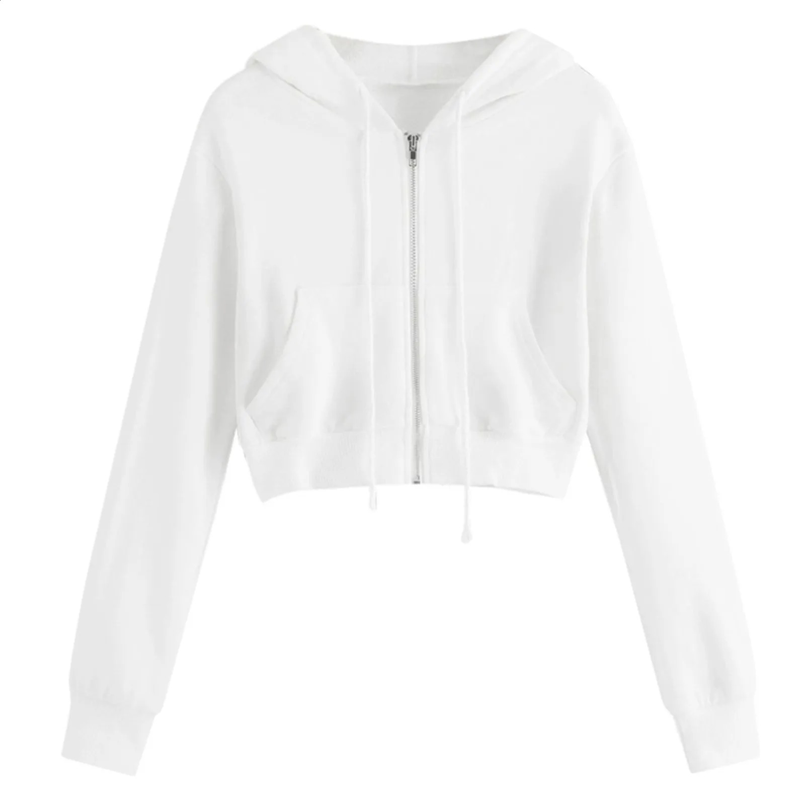 WomenS Casual Solid Colour Zip Pocket Top Drawstring Hooded Sweatshirt Cropped Zip Hoodie Fashion WomenS Clothing Fashion 240812