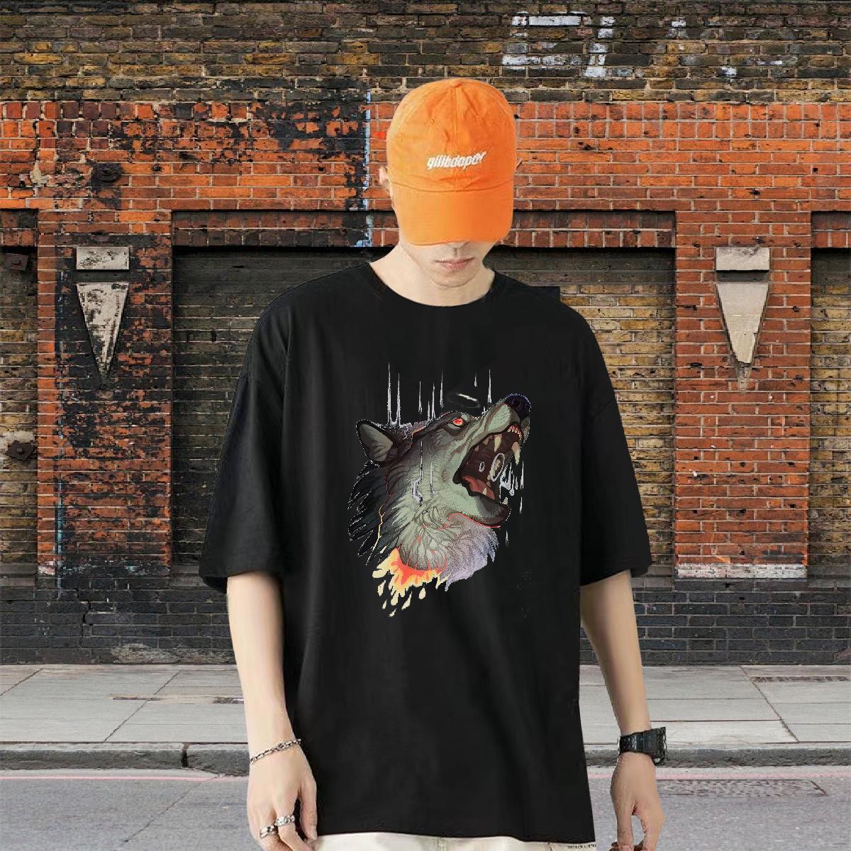 2024 Designer Tshirts wolf Casual 230g 100% Cotton Clothings Breathable Crew Neck Loose Fit T shirt Custom Print Oversized