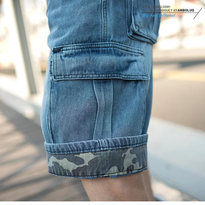 Mens Hip-Hop Wide-leg Denim Shorts Multi-Pocket Cropped Jeans Loose Cargo Jeans Men Plus Size 44 240812