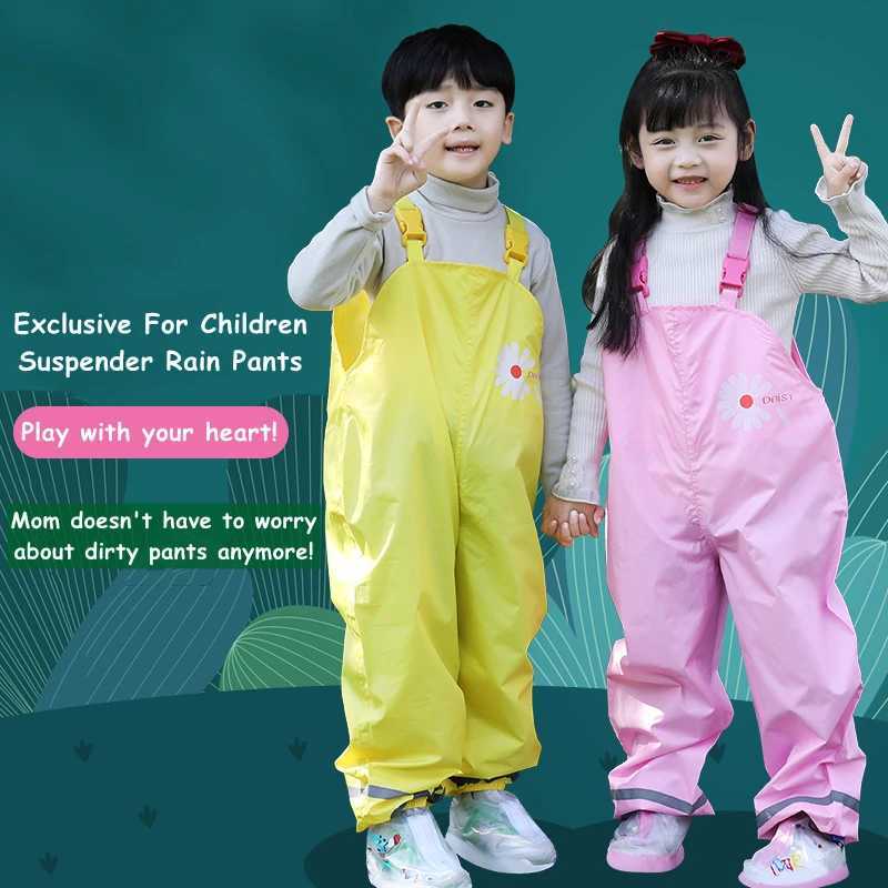 Kids Rain Gear Ultra-light Waterproof Children Strap suspender pants and poncho Y240810