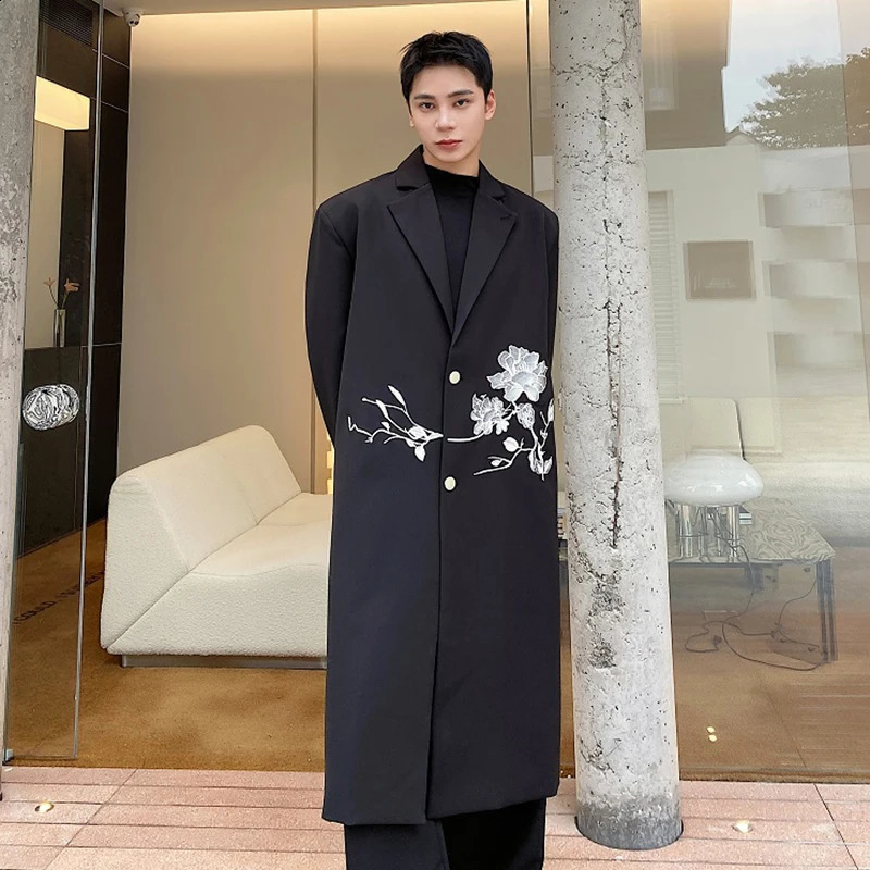 IEFB Men Overcoat Autumn Winter Chinese Embroidery Long Coat Trend Knee High Trench Casual Male Printing Windbreaker 9C1927 240812